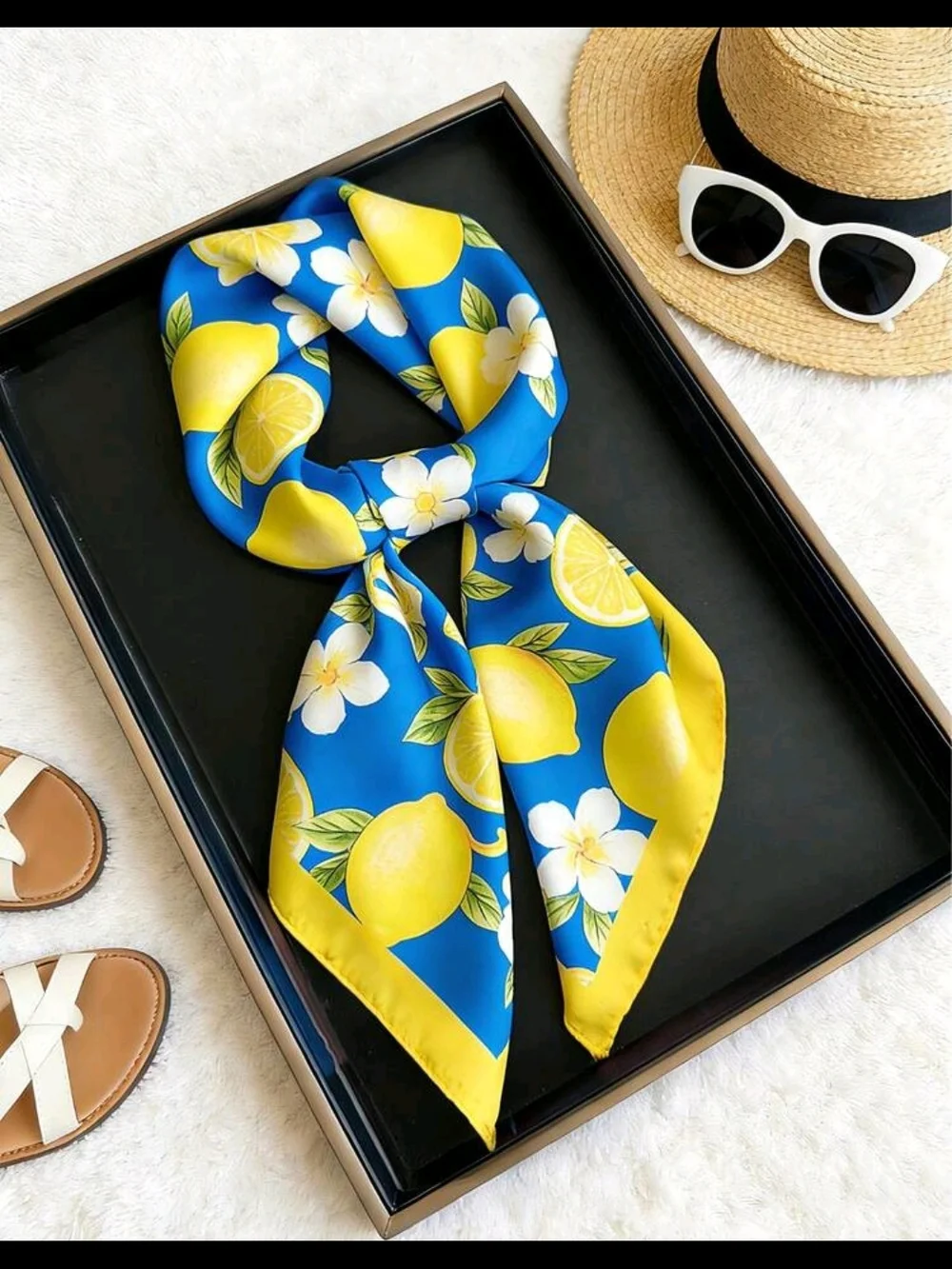 Blue & Yellow Lemon Print Scarf - Picture 2 of 4
